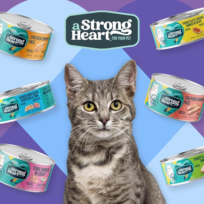 A Strong Heart Canned Wet Cat Food, Chicken & Salmon Dinner in Gravy - 5.5 oz Cans (Pack of 24), Made in The USA with Real Chicken & Salmon-PurrikoPets
