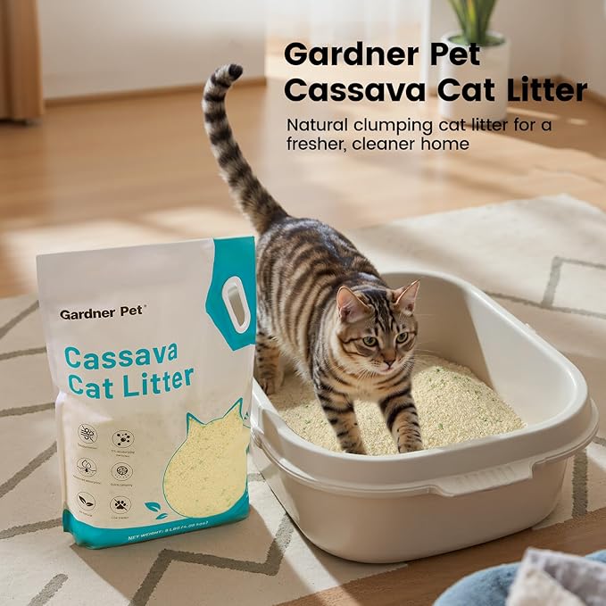 Gardner Pet Cassava Cat Litter, Clumping Cat Litter with Odor Control, Low Dust, Natural Plant-Based Litter, Fast Absorption & Low Tracking Kitty Litter, Unscented with Deodorizing Pellets (9LBS*2)-PurrikoPets