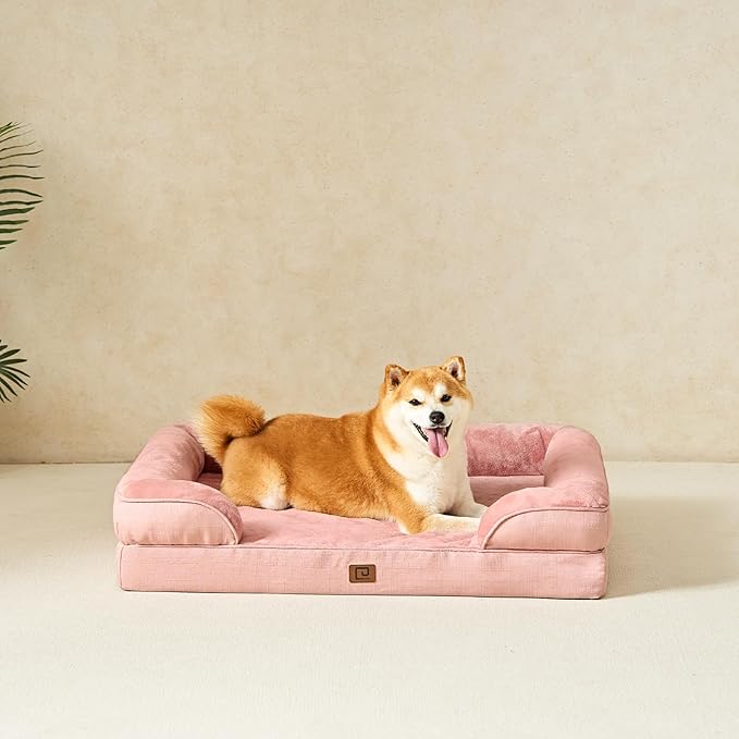 EHEYCIGA Orthopedic Dog Beds for Large Dogs, Waterproof Memory Foam Large Dog Bed with Sides, Non-Slip Bottom and Egg-Crate Foam Pet Couch Bed with Washable Removable Cover, Dusty Pink-PurrikoPets