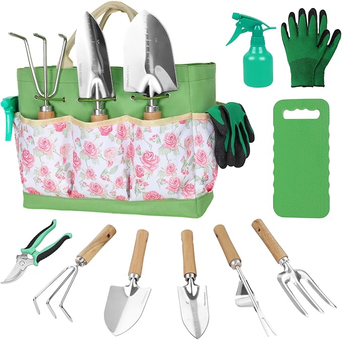 Garden Tool Set,10 Piece Garden Kit,Heavy Duty Stainless Steel Gardening Hand Tools with Durable Storage Tote,Rust-Proof Garden Tools,Gardening Gifts for Women Men Pink Floral Pattern Design-PurrikoPets
