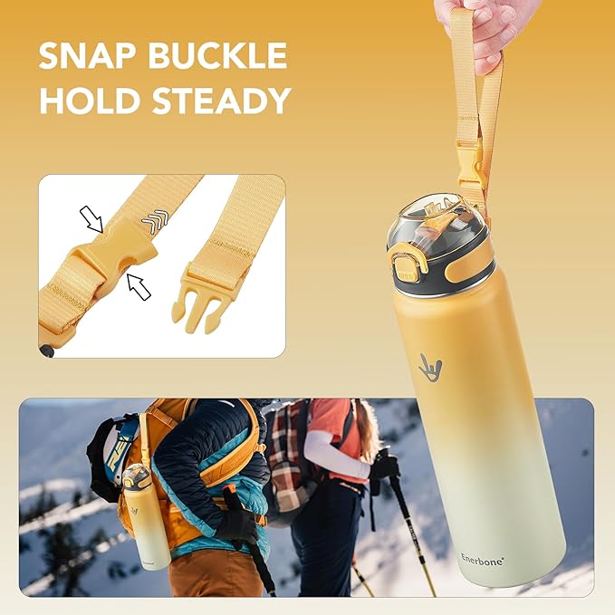 Enerbone 32 oz Insulated Water Bottle, Stainless Steel Bottle with Carrying Strap, Double-Wall Vacuum Insulation Design, Leakproof Sports Bottle with Straw, Keep Drinks Cold or Hot for Hours-PurrikoPets