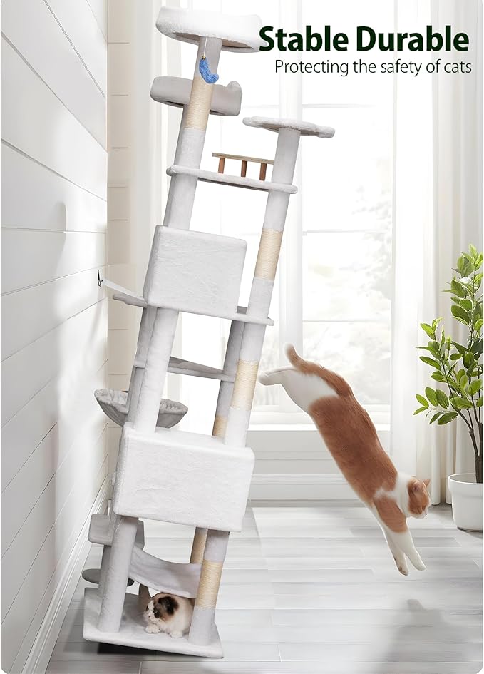 85in Tall Cat Tower for Heavy Duty Big Cats, Large Cat Tree with Scratching Post, Plush Perches, Cozy Cat Condos & Hanging Hammocks for Maine Coon, White-PurrikoPets