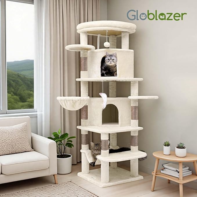 Globlazer Corner Cat Tree Tower for Large Cat, 66inch Tall Large Cat Tree Condo for Multiple Indoor Cats with 6 Scratching Posts, 2 Spacious Cat Condos, Soft Hammock, Hanging Basket, C66, Light Beige-PurrikoPets
