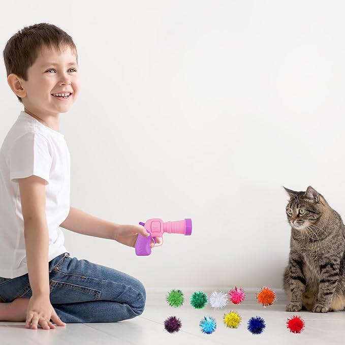 102Pcs Cat Toy Gun Launcher - 100 Sparkle Pom Pom Balls and 2 Ball Launchers, Interactive Fetch Toy Shooter for Indoor Cats and Kitty-PurrikoPets
