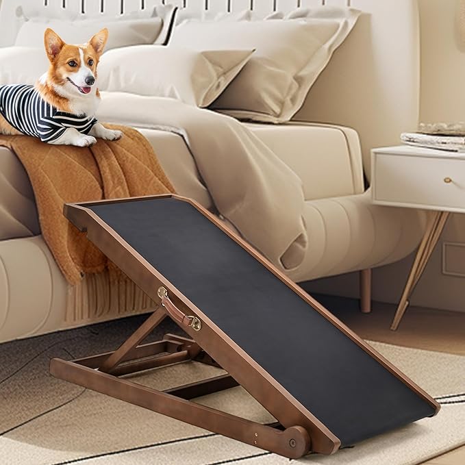 Dog Ramp, Adjustable Height Wooden Folding Pet Ramp for Bed, Couch,SUV-High Traction, Portable Paw Ramps for Small & Large Old Dogs & Cats - Furniture Quality-PurrikoPets
