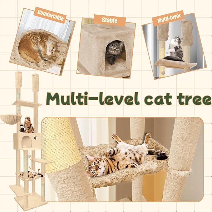 96.5"-108" Cat Tree Floor to Ceiling 7-Tier Cat Tower Adjustable Height with Scratching Posts, Cozy Hammock, Cat Condo for Indoor Cats(Beige)-PurrikoPets