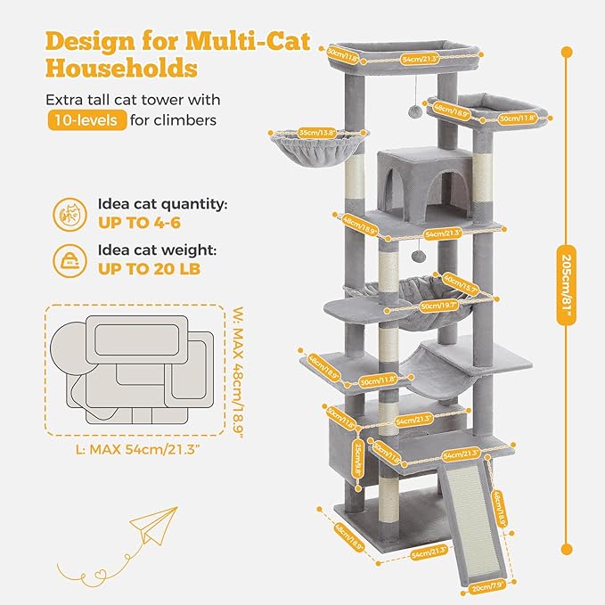 81" Heavy Duty Cat Tree for Large Cats up to 20lbs - Extra Tall Cat Tower with Metal Frame Hammock, 6 Sisal Scratching Posts, 2 Perches - Indoor Cat Furniture for Maine Coon, Big Cats, Gray-PurrikoPets