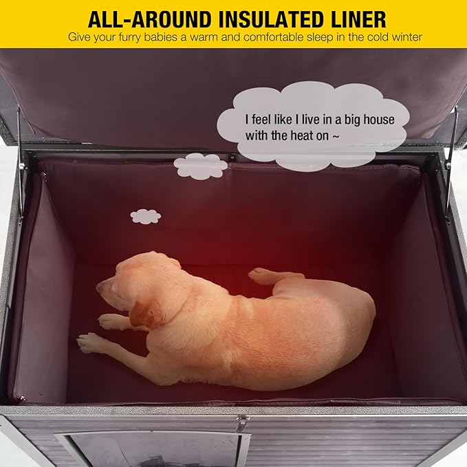 Aivituvin Dog House with Insulated Liner, Outdoor Indoor Weatherproof Dog House for Winter, Suitable for Small & Medium & Large Dogs with Unique All-Around Iron Frame(Grey)-PurrikoPets