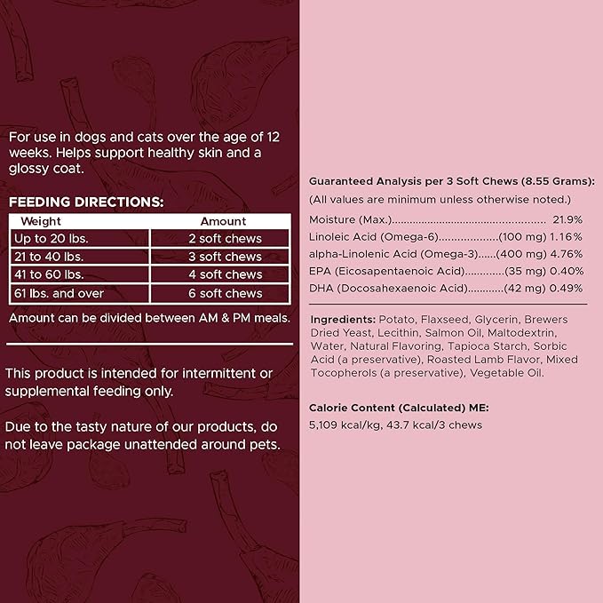 Dog Skin and Coat Supplement -360 Soft Chew Omega Treats for Skin Allergies -Salmon Oil Blend of Essential Fatty Acids, Omega 3, 6, Vitamins, Minerals -Made in USA (2 Packs of 180, Lamb Flavor)-PurrikoPets