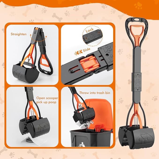 28" Pooper Scooper and 38" Heavy Duty Stainless Steel Rake & Tray Set, 3 in 1 Portable Dog Pooper Scooper Set for Large Medium Small Dogs in Grass, Dirt or Gravel-PurrikoPets