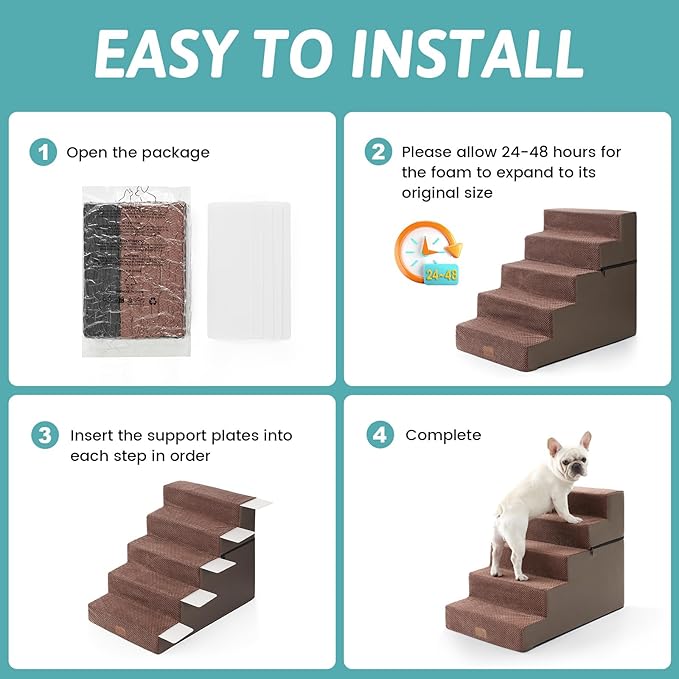 Dog Stairs for Small Dogs, 5 Tier Removable Wider Pet Stairs for Couch and Bed, 23.6" H Non-Slip Dog Steps for Puppies and Old Cats with Support Board, 29.5x19.7x23.6 inch, Brown-PurrikoPets