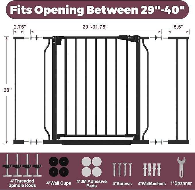 29"-40" Baby Gate for Stairs, Auto Close Stroller Friendly Dog Gate Indoor for Doorways, Pressure Mounted Baby Gate, Easy Walk Through Gate for Children & Pets, Black-PurrikoPets