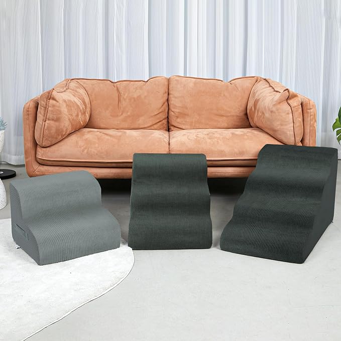 Dog Stairs Steps for High Bed, 4 Steps Pet Steps for Small Dogs Non-Slip Removable Washable Cover Ramp for Indoor Outdoor Car Couch Sofa, Dark Gray-PurrikoPets