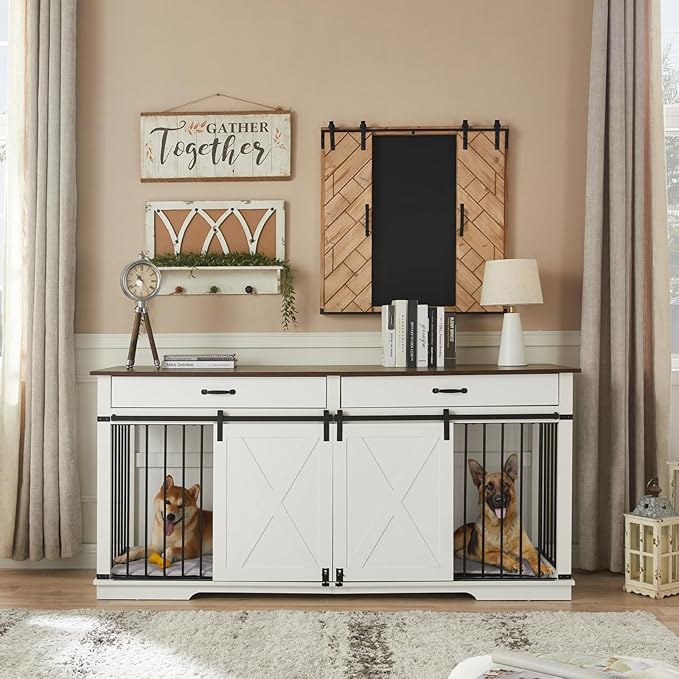 EDYO LIVING 72.5" Large Dog Crate Furniture for 2 Dogs, Wooden Dog Kennel with Drawers, Divider, Sliding Barn Door, Water Resistant Indoor Furniture Style Double Dog Crates, White-PurrikoPets