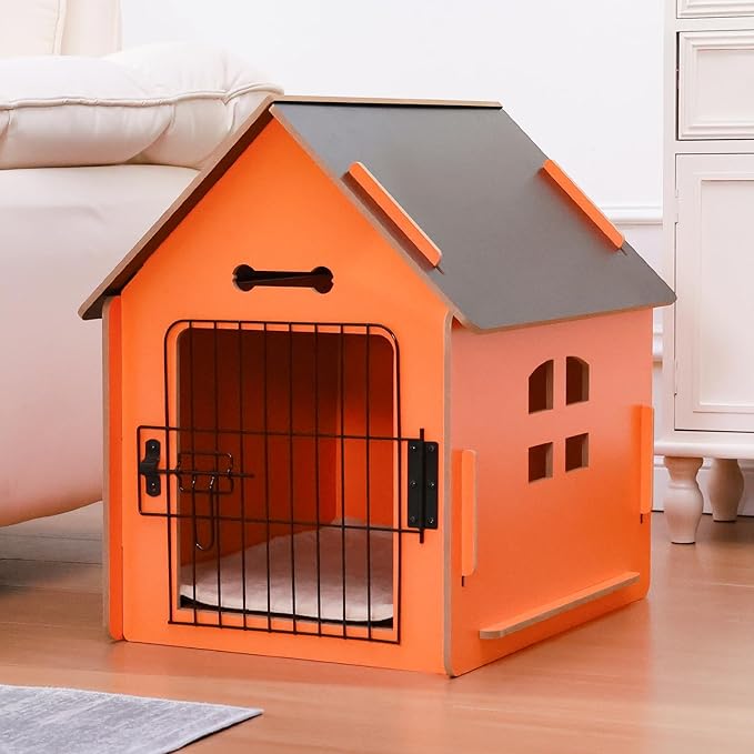 Dog House Indoor for Small Dogs or Cats, Cozy Wooden Design, Small Indoor Bed House, with Air Vents and Elevated Floor Warm Dog Cave (Orange)-PurrikoPets