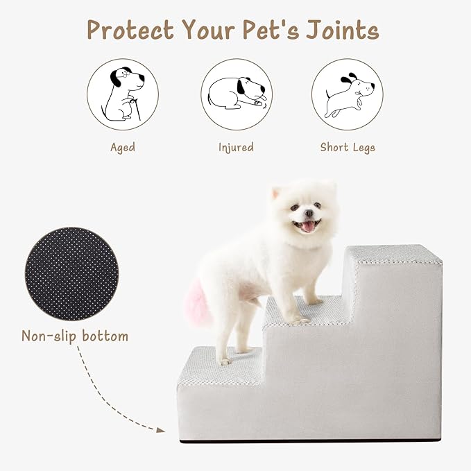 Dog Stairs for Small Dogs & Cats, 3-Step Extra Wide Non-Slip Pet Steps for Couch Sofa and Chair, Light Grey, 15.7" H-PurrikoPets