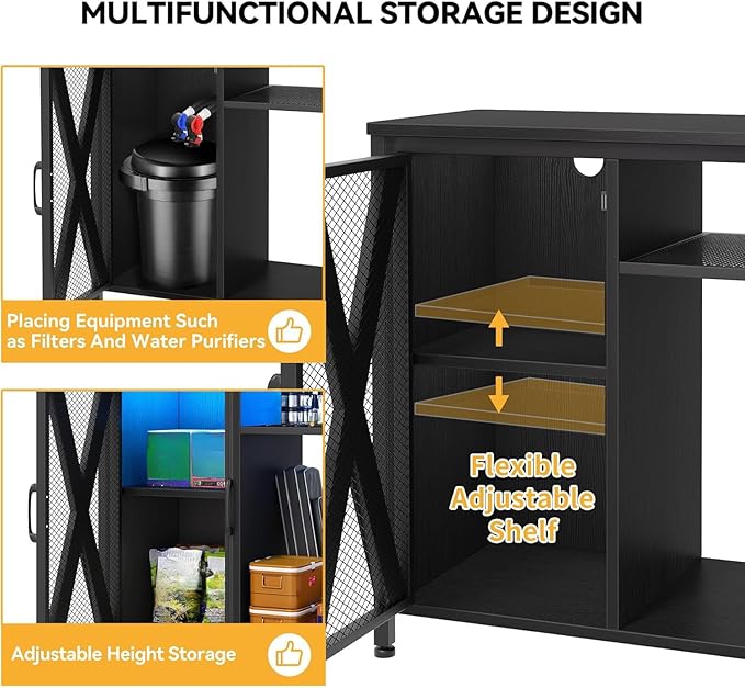 DWVO 40-50 Gallon Aquarium Stand with Power Outlets & LED Light, Cabinet for Fish Tank Accessories Storage - Metal Fish Tank Stand Suitable for Turtle Tank, Reptile Terrarium, 660LBS Capacity, Black-PurrikoPets