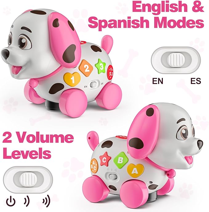 3-in-1 Musical Puppy Toys for 1 Year Old Girl Gift, Educational Baby Toy 6-12-18 Month, 1st Birthday Gift for 1 Year Old Girl Boy, First Bilingual Present for 7 8 9 10 Month Infant (Pink)-PurrikoPets