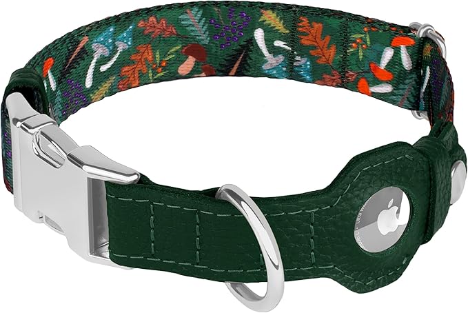 AirTag Dog Collar for Small Medium Large Breed - Adjustable Cute Pattern Dog Collar with Airtag Holder - Soft Leather Tracker GPS Apple Air Tag Pet Collars (Medium, 14"-18" Neck Fit, Mushroom)-PurrikoPets