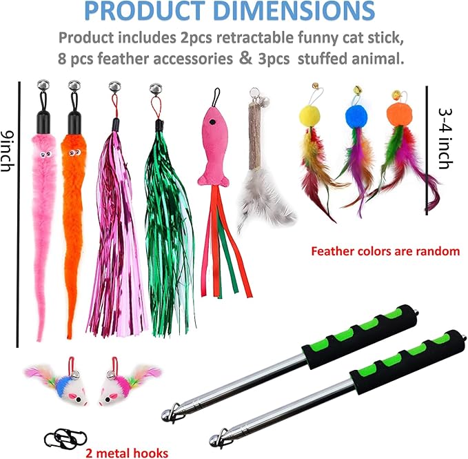 2pcs Retractable Wand Toys, Cat Fishing Rod with 11 Pcs Feather Refills for Indoor & Outdoor Cats-PurrikoPets