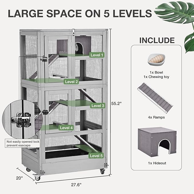 Ferret Cage Rat Cage Indoor Outdoor, Large Guinea Pig Cages with 5 Levels, Wooden Chinchilla Cage with Wheels for Hamster, Chameleon, Gerbils and Other Small Animals Anti-Chewing-PurrikoPets