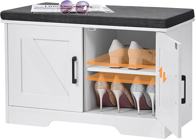 2-Tier Storage Bench, Shoe Bench with Padded Seat Cushion, Entryway Bench with 2 Barn Doors, Adjustable Shelf, 13.8" D x 27.6" W x 17.7" H, for Entryway, Living Room, Bedroom, White-PurrikoPets