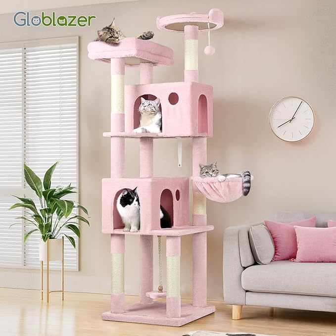 Globlazer Pink Cat Tree, 70 inch Tall Scratching Tower Multi-Level Cat Condo for Indoor Multiple Cats with 2 Large Cat Caves, Top Perch, Large Platform, Bottom Swing, F70B, Pink-PurrikoPets