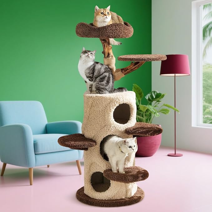 54.7'' Modern Cat Tree for Indoor Cats Large Adult, Wood Cat Tree with 3 Spacious Condos, Luxury Cat Tower with Cozy Perch, Scratching Post, Sturdy Kitty House Furniture for Small Medium Large Cats-PurrikoPets