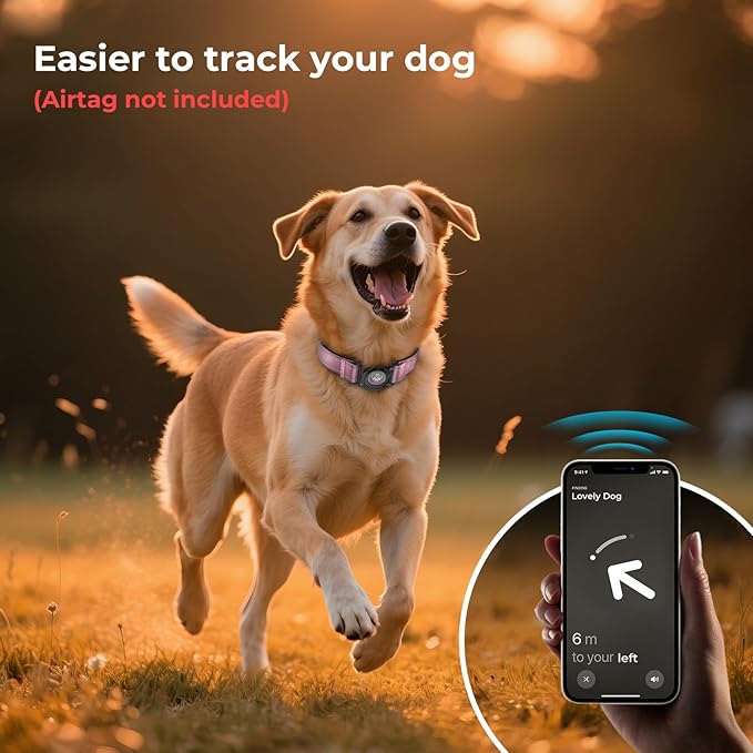 2025 Upgrade Airtag Dog Collar, Reflective Dog Collar with Airtag Holder, IP68 Waterproof| Metal Buckle| Ultra-Durable| Comfortable Padded, GPS Dog Collars for Medium Large Dogs (Pink,L)-PurrikoPets