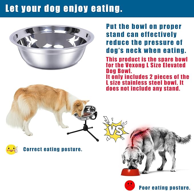 2 Pack, L Size Bowls, Matches Vexong L Size Elevated Dog Bowl Stand, for Dogs Between 60 and 100 lb, Stainless Steel Dog Bowl, Capacity 0.8 Gal / 12.5 Cup / 106 Oz / 3 Liter, Rustproof, Durable,-PurrikoPets