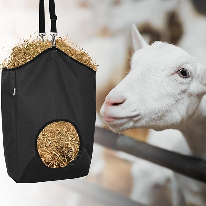 3 Packs Goat Hay Feeder,Hay Bags for Goats,Horses,Sheep,Premium 600D Oxford Cloth,with Metal Fastener and Adjustable Open Feed Hole for Slow Feeding. (1 Black+2Grey)-PurrikoPets