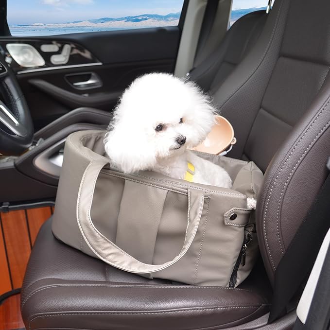 2 and 1 Center Console Dog Car Seat & Carrier for Small Dogs, Large Leather Dog Car Bed with Storage Pocket, Waterproof PVC Leather Seat Travel Bed for Front & Back Seat, Clip-On Safety Leash-PurrikoPets