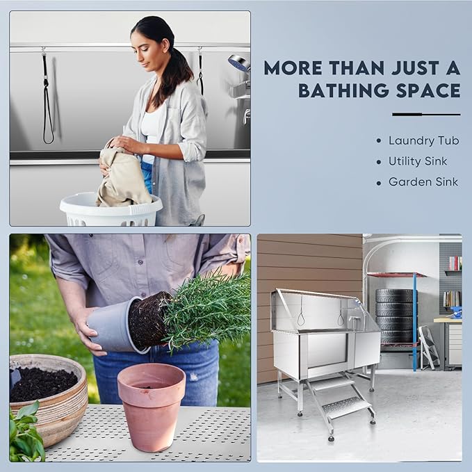 62" Pet Dog Bathing Station,Professional Stainless Steel Dog Grooming Tub,Pet Bathing Tub Dog Bathing Station with Faucet Walk-in Ramp Accessories,Commercial or Household use, (Extra Large)-PurrikoPets