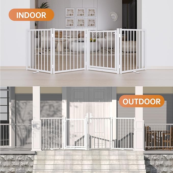 Full Metal Freestanding Dog Gate with Door, 24'' Height Foldable Pet Dog Fence for Indoor & Outdoor, 2 Panels Extra Wide Free Standing Small Dog Gates for Doorways,House,Stairs,Porch,Deck,Yard-PurrikoPets