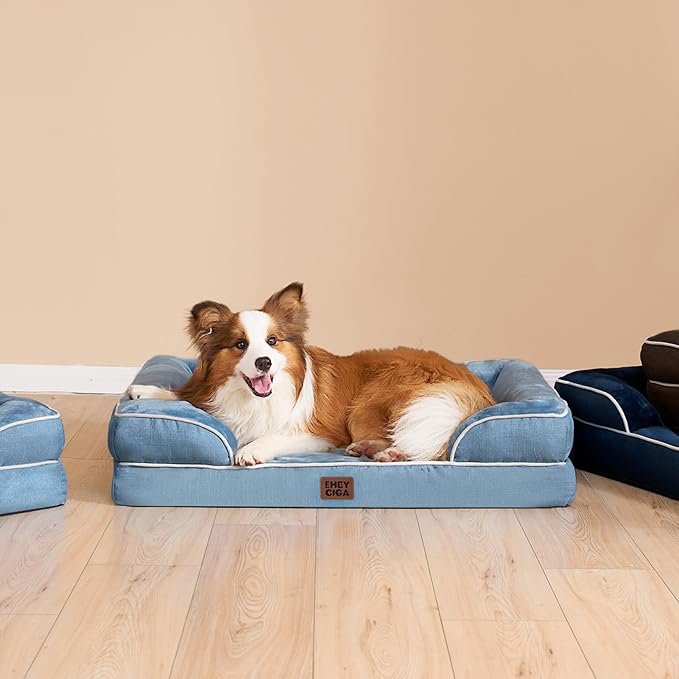 EHEYCIGA Orthopedic Dog Beds for Extra Large Dogs, Waterproof Memory Foam XXL Dog Bed with Sides, Non-Slip Bottom and Egg-Crate Foam Big Pet Couch Bed with Washable Removable Cover, Washed Blue-PurrikoPets