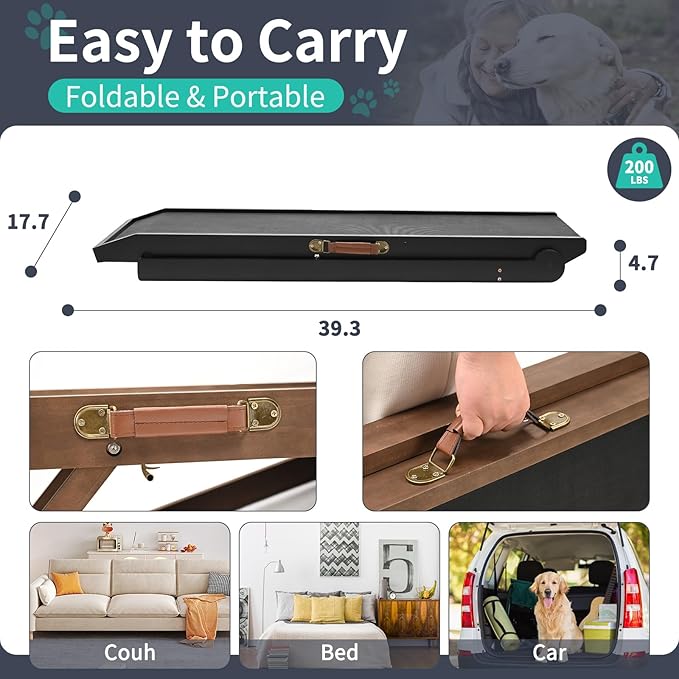 Dog Ramp, Adjustable Height Wooden Folding Pet Ramp for Bed, Couch,SUV-High Traction, Portable Paw Ramps for Small & Large Old Dogs & Cats - Furniture Quality-PurrikoPets