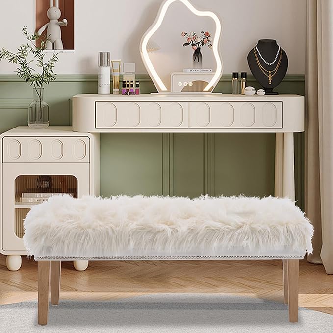46 Inch White Bedroom Bench, Modern Multi-Purpose Bench with Wooden Legs, Faux Fur Upholstered, 3-Seater, 220 lbs Weight Capacity-PurrikoPets