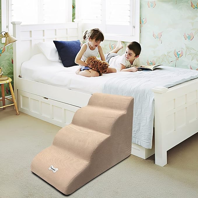 Dog Stairs, Removable and Washable Pet Stairs, 4-Steps Non-Slip Pet Ramp, Dogs Steps for High Bed Sofa, High Resilience Sponge Dog Stairs(Dark Brown)-PurrikoPets