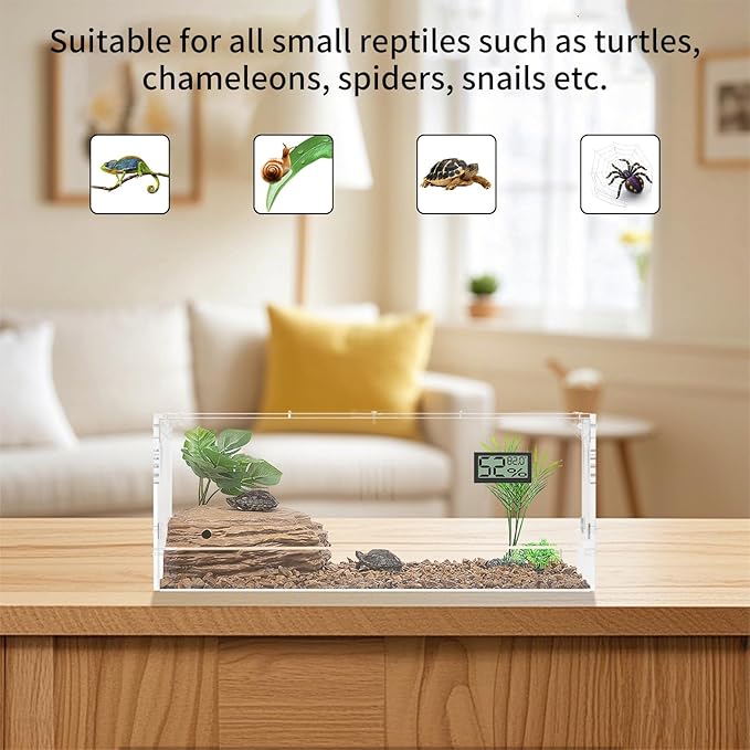 Acrylic Tarantula Enclosure, Reptile Terrarium Breeding Tank w/Temperature Hygrometer,Habitat Reptiles Feeding Box Isopod Terrarium Cage for Insect Lizard Home Office (Reptile-Tank-L(Tray))-PurrikoPets