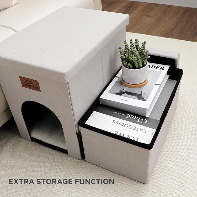 Dog Stairs with Condo 15" H, 2-Step Wider Dog Steps for Small/Medium/Large Old Dogs Cats, Folding Sturdy Storage Pet Stairs Climbing Bed Couch, Ramp for Car Hold Up to 150 lbs, Beige-PurrikoPets