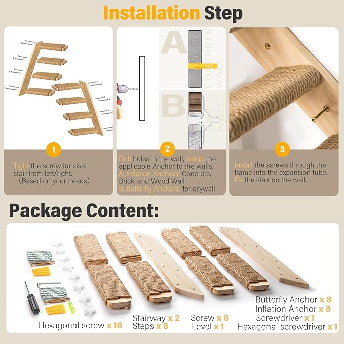 2 Pack 4 Steps Cat Wall Shelves Cat Stairs for Wall with Sisal Rope.Cat Wall Steps/Ladder Furniture & cat Tree Supplies(Catstairs 2Pack-4Steps)-PurrikoPets