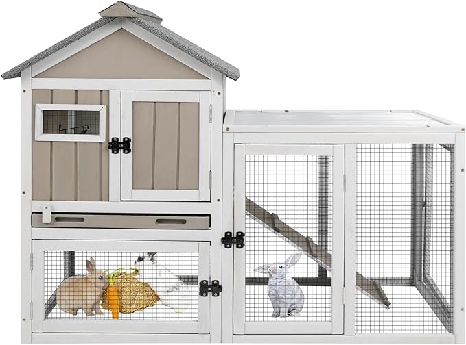 48" L Rabbit Hutch Outdoor Indoor Bunny Hutch Weatherproof, 2-Story Wood Rabbit Cage with Deep Tray, Chew-Resistant Ramp, UV Roof, Bunny House for Small Animal, Expandable Guinea Pig Cage-PurrikoPets