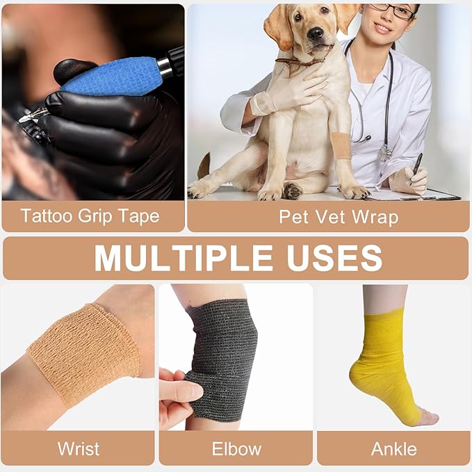 24 Pack Self Adhesive Bandage Wrap, 2” x 5 Yards Cohesive Medical Tape Elastic Grip Tape Sports Tape Athletic for Ankle, Wrist Sprains, Pet First Aid (Brown, 2 Inch)-PurrikoPets