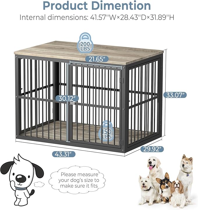 43'' Dog Crate Furniture with 3 Doors, XL Wooden Crate End Table, Heavy Duty Indoor Puppy Cage Kennel for Medium to Large Dogs, Multiple Units Can be Combined-PurrikoPets