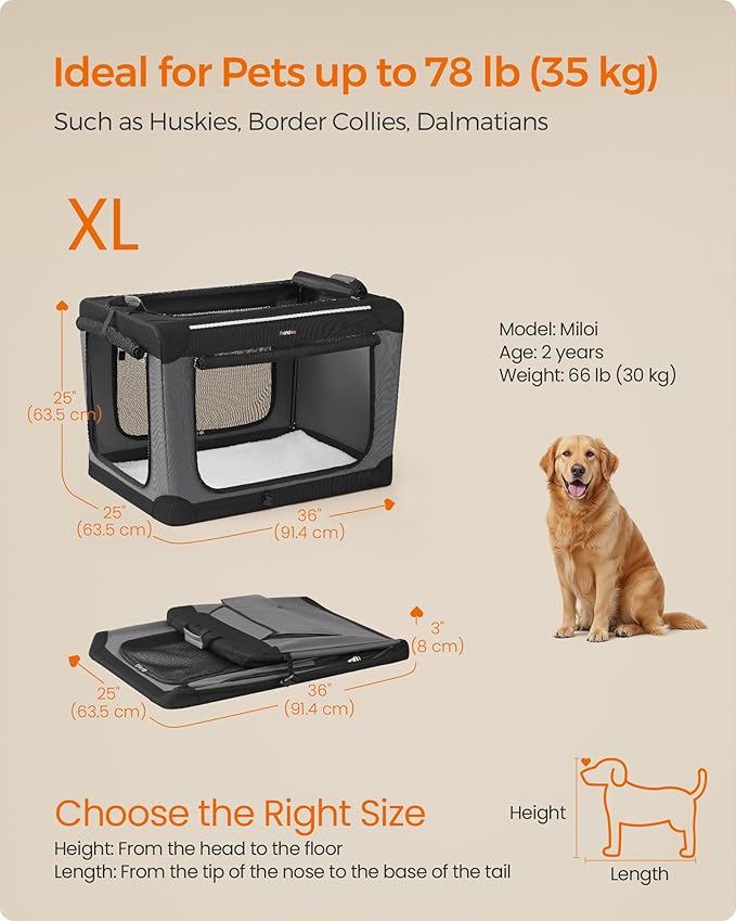 Feandrea Collapsible Dog Crate, 36-Inch Portable Dog Travel Crate for Large Dogs, Oxford Fabric Pet Carrier with 4 Mesh Doors, Handles, Storage Pocket, Water Bottle Holder, Ink Black UPDC019B01-PurrikoPets