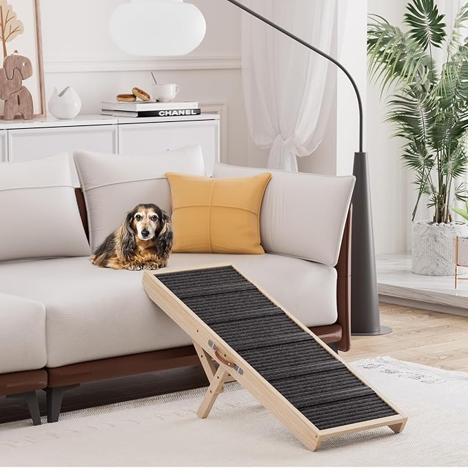 Dog Ramp for Couch, Wooden Pet Ramps 39.37" Long Adjustable 11"-20.47" Folding Puppy Ramps with High Traction Mat, Dog Stairs for Small & Medium Older Dogs & Cats, up to 150lbs-PurrikoPets