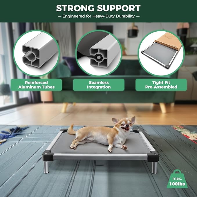 FXW TitanNest Chew-Proof Elevated Dog Bed, Raised Cot for Indoor/Outdoor/Camping Use, Durable & Washable Padded Pet Bed with Exclusive Reuseable Cover for Small Dogs, 36.0" L x 24.0" W x 4.5" H, Gray-PurrikoPets