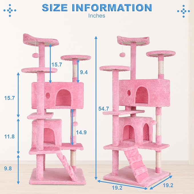 FDW Cat Tree 54in Cat Tower Multi-Level Durable Cat Scratching Post & Cozy Fun Cat Jumping Platform Space Saving Cat Condo Pet Play House for Indoor Cats,Pink-PurrikoPets