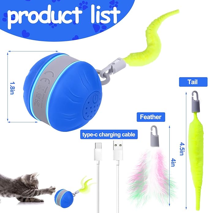 AIERSA Interactive Cat Toys for Indoor Adult Cats, Automatic Self-Play Cat Ball Toy for Kitten to Keep Them Busy, Electric Moving Chase Toy (Blue)-PurrikoPets
