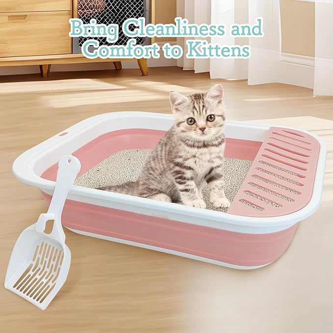 Fhiny Cat Litter Box Portable Shallow Litter Box 17.7"x13.4"x4.9" Foldable Cat Toilet with Scoop Open Kitty Potty Pan with Litter Drop Pedal Easy to Clean Travel Kitten Toilet(Pink)-PurrikoPets